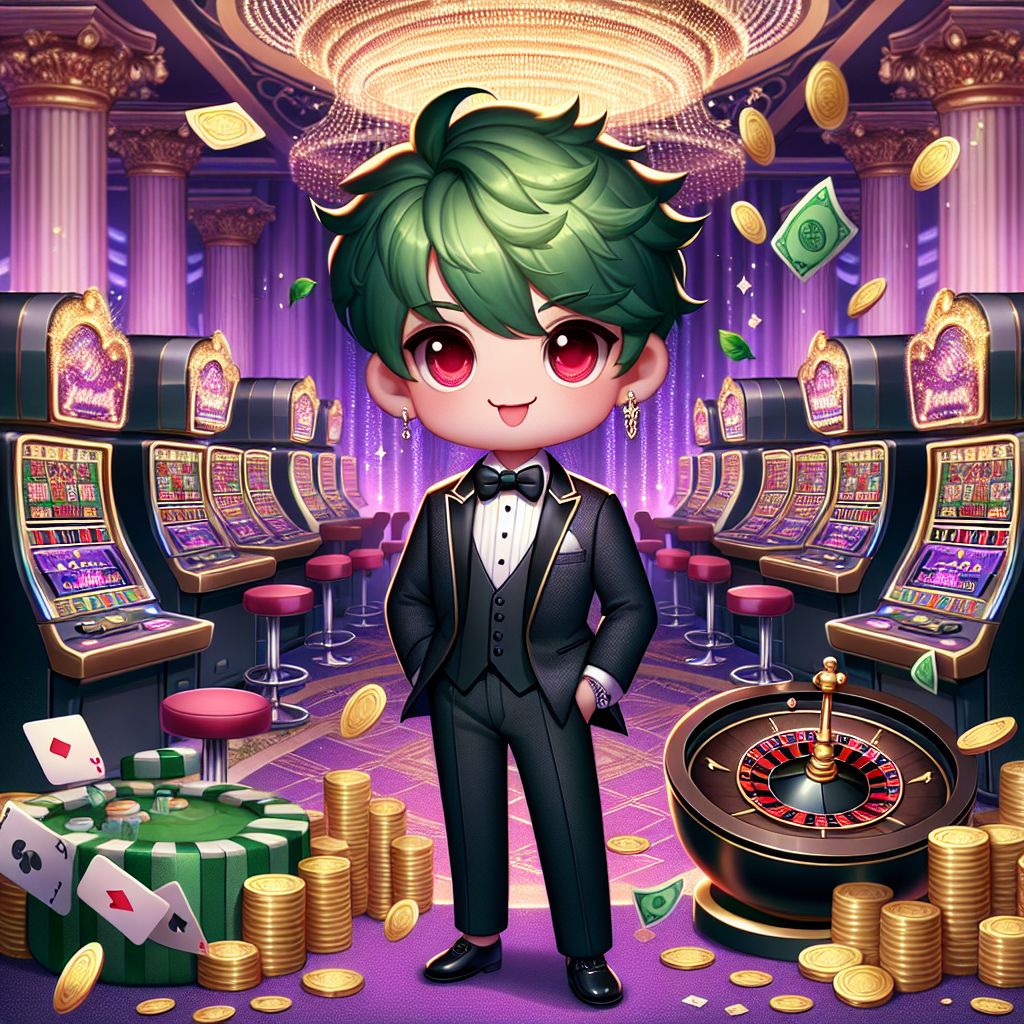 888bat casino themed character surrounded by slot machines and golden coins